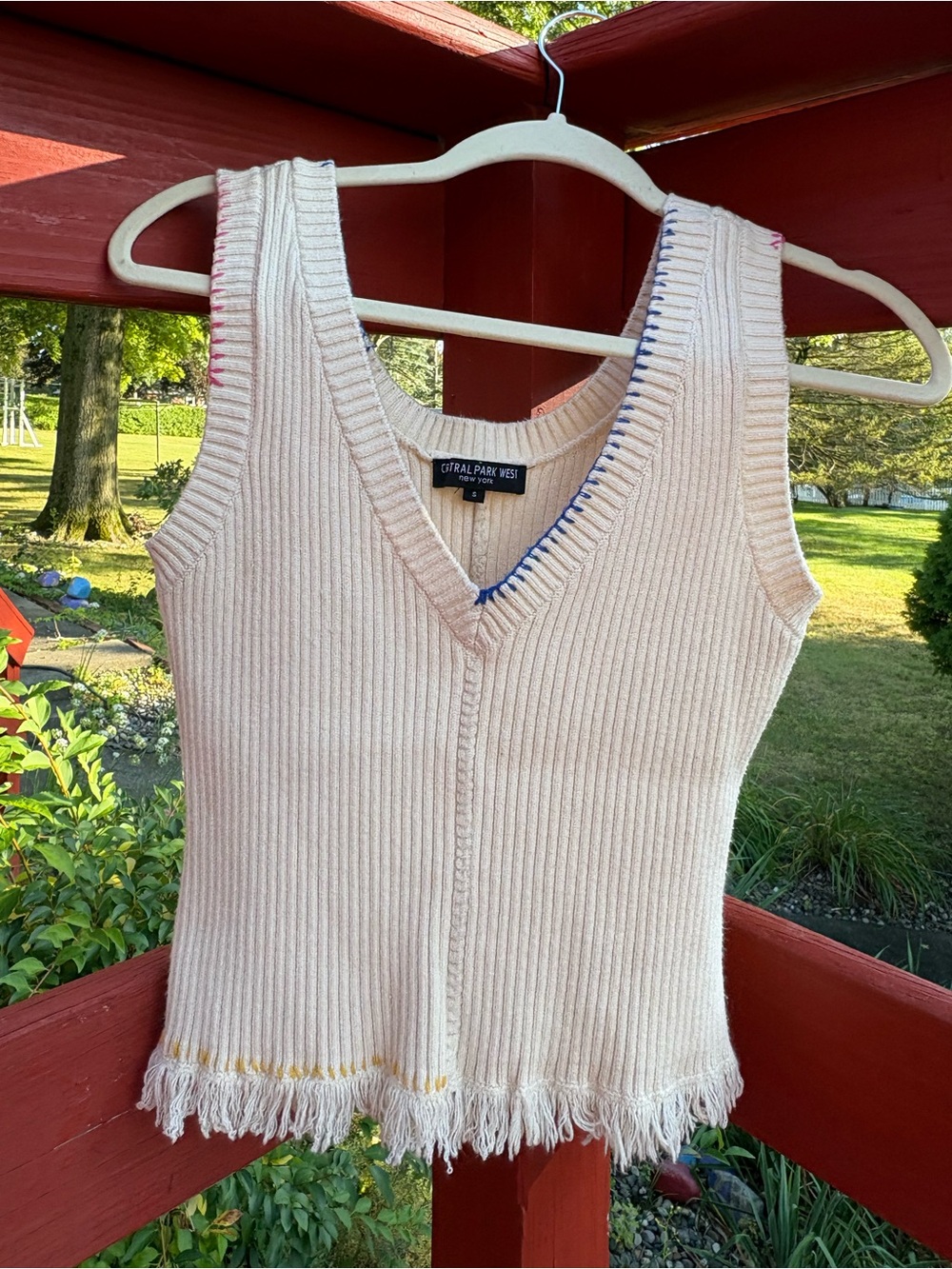 Central Park West Ribbed Sweater Vest S Cream Fringe Whipstitch Boho